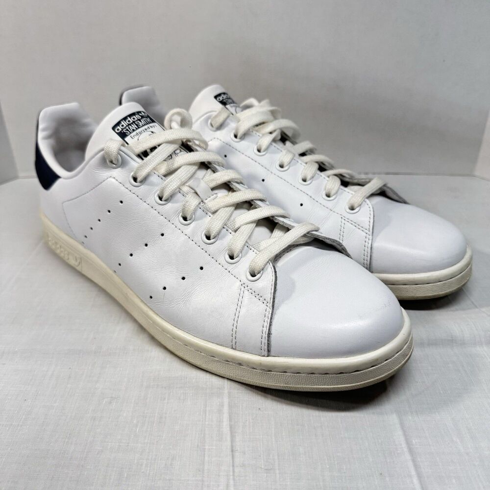 Adidas Stan Smith Mens White Navy Blue Leather Sneakers ART M20325 Size 13